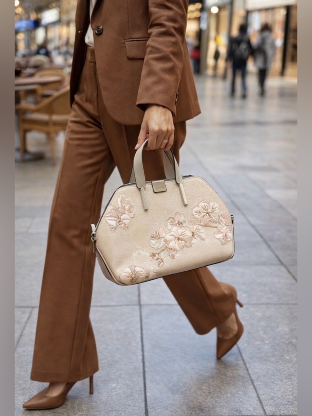 Calvin Klein Cream Satchel with Blush Floral Appliqué